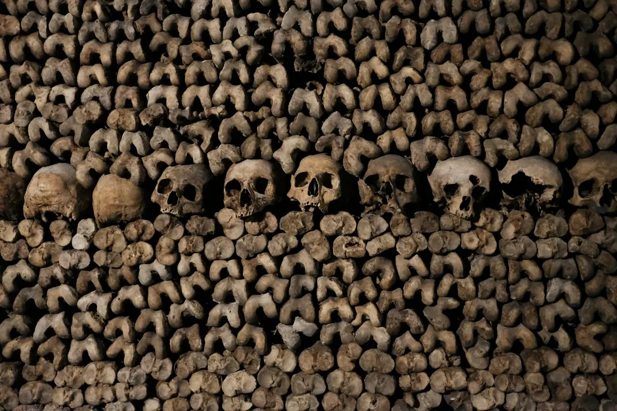 Walls of bones in the Catacombs of Paris